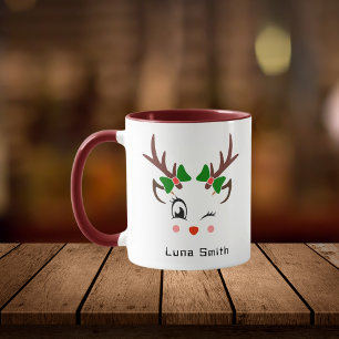 Caneca Feliz Natal Gift Cute Deer Faces Café Maroon