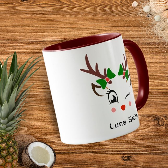 Caneca Feliz Natal Gift Cute Deer Faces Café Maroon (Criador carregado)