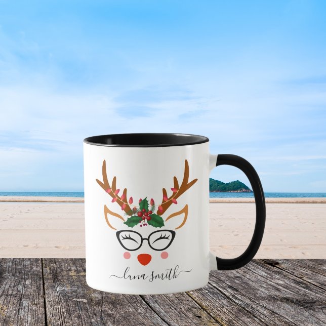 Caneca Feliz Natal Gift Reindeer Bonito Enfrenta Preto (Criador carregado)