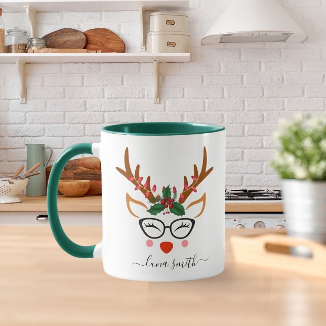 Caneca Feliz Natal Gift Reindeer Bonito Enfrenta Verde (Criador carregado)