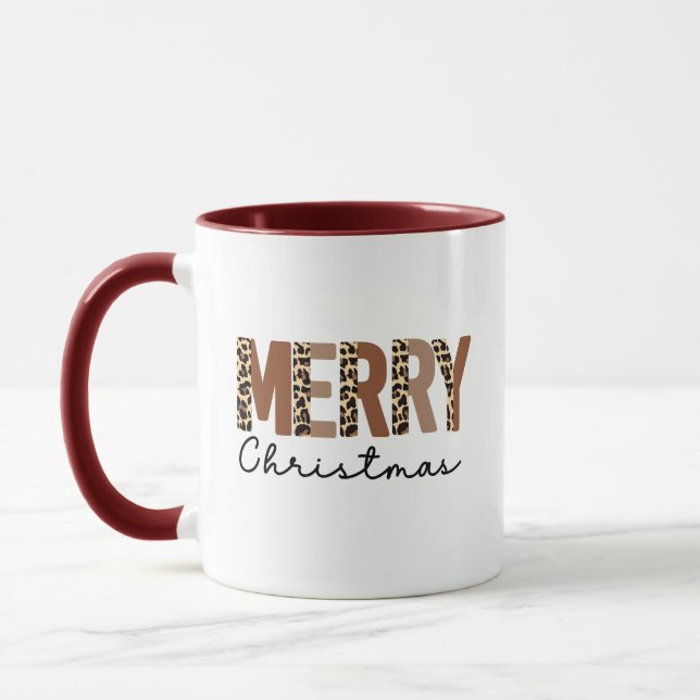 Caneca "Feliz Natal" Moderno Bloqueio de Cor Leopard Boho (Esquerda)