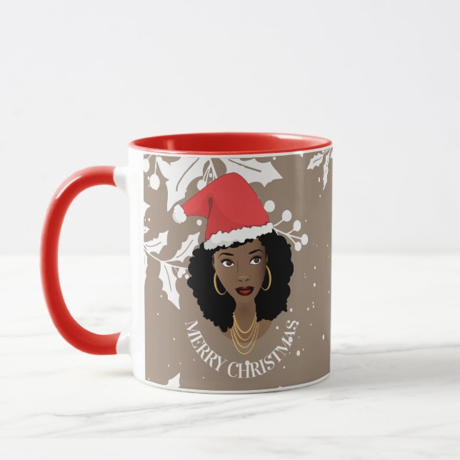 Caneca Feliz Natal, Mulher Negra, Chapéu Vermelho de Sant (Esquerda)