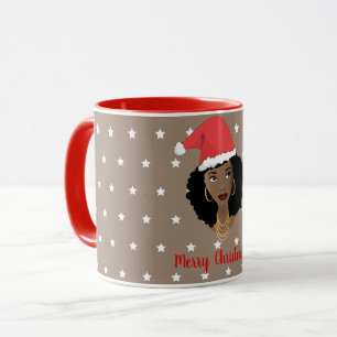 Caneca Feliz Natal, Mulher Negra, Estrelas Brancas, Marro