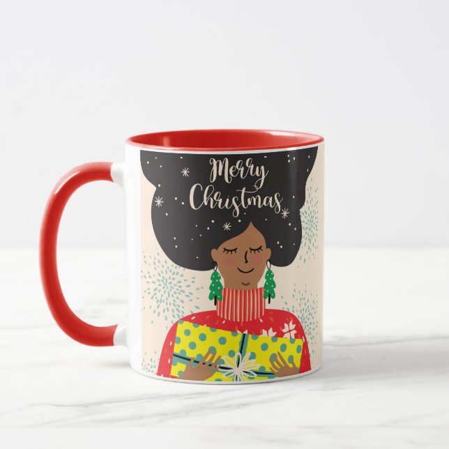 Caneca Feliz Natal, Mulher Negra, Suéter Brilhante (Esquerda)