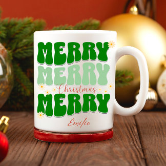 Caneca Feliz Natal Nome Personalizado Retro Groovy Green