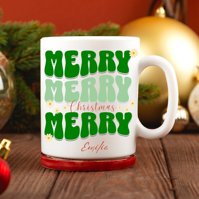 Caneca Feliz Natal Nome Personalizado Retro Groovy Green (Criador carregado)