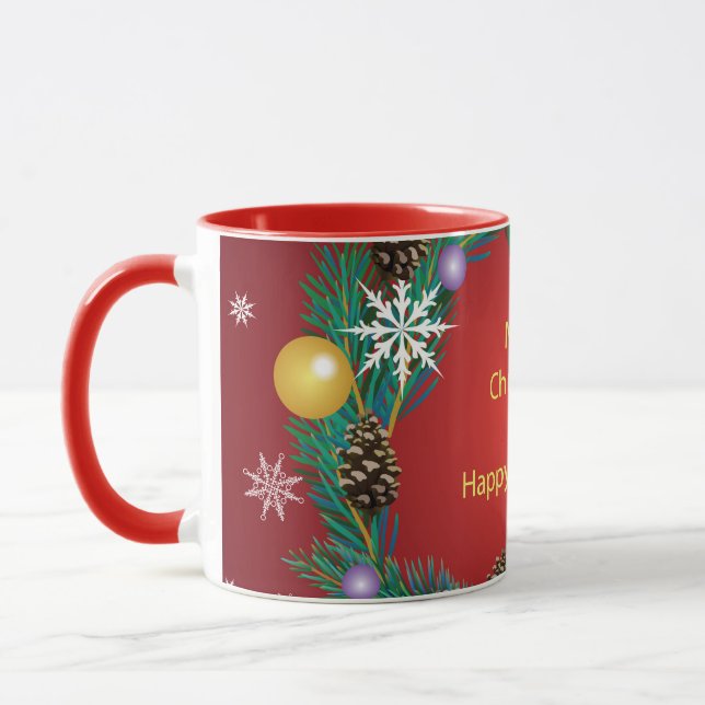 Caneca Feliz Natal! num fundo de luxo vermelho. (Esquerda)