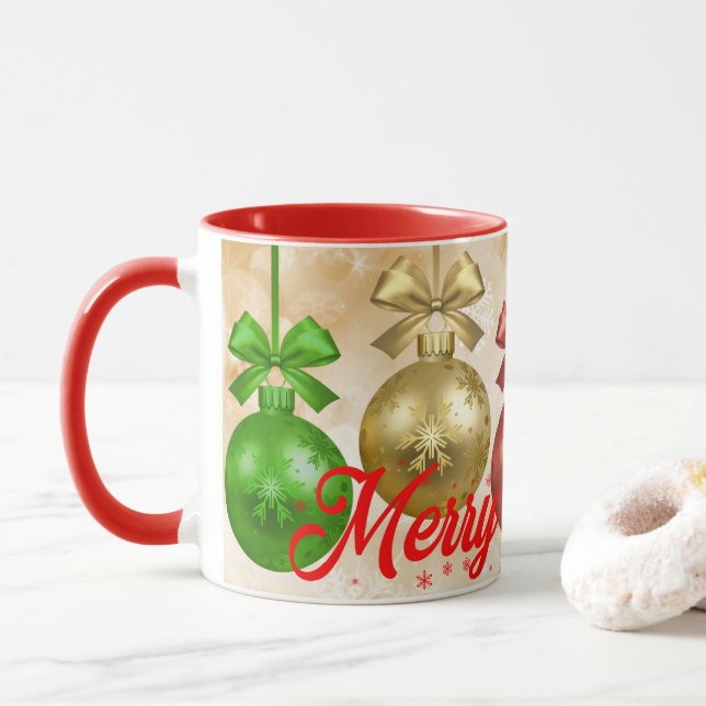 Caneca Feliz Natal Ornamentos Vermelhos Verdes Flocos de  (Com Donut)