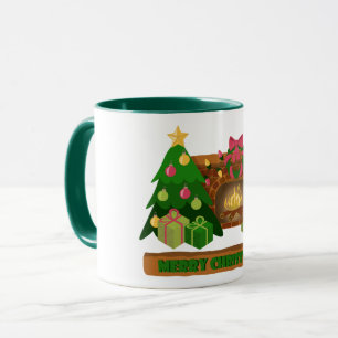 Caneca Feliz Natal perto da árvore de Natal de lareira bo