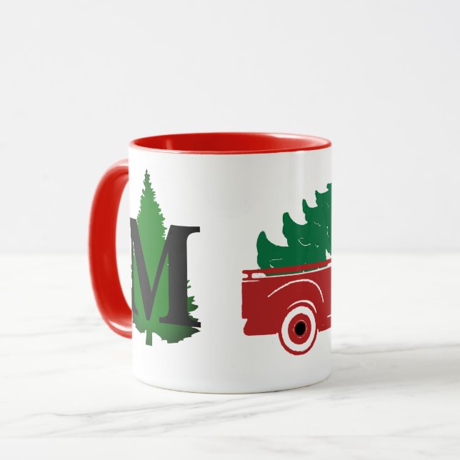 Caneca Feliz Natal pickup e monograma de árvore (Frente Esquerda)