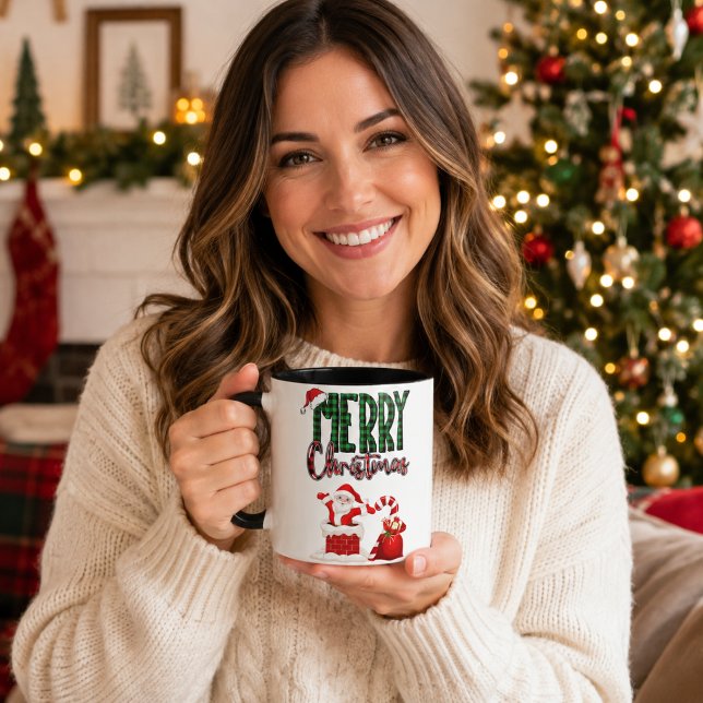 Caneca Feliz Natal Plaid Preto do Papai Noel com Acento (Criador carregado)