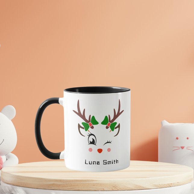 Caneca Feliz Natal Presente Cute Deer Face Café Negro (Criador carregado)