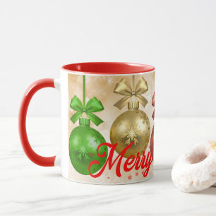 Caneca Feliz Natal Red Green Ornakes Snowflakes