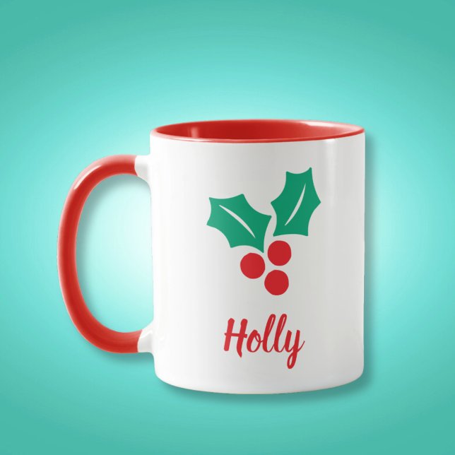 Caneca Feliz Natal Red White Holly Nome Personalizado de  (Criador carregado)