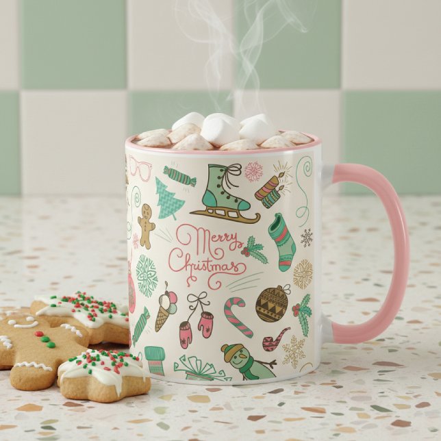 Caneca Feliz Natal Retro Doodles de inverno (Criador carregado)