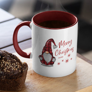 Caneca Feliz Natal Rustic Gnomo na Xadrez de Buffalo Verm