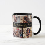 Caneca Feliz Natal Vovó Família 5 Fotografia Colagem<br><div class="desc">Tipografia Elegante Moderna Preta e Colagem de Fotos da Família Dourada 5 Feliz Natal Vovó Script Holiday Coffee Mug. Este festivo, minimalista, caprichoso, modelo de cãozinho fotográfico de cinco (5) fotos, apresenta uma bonito colagem fotográfica e diz "Feliz Natal"! O texto de saudação do "Feliz Natal" é escrito em um...</div>