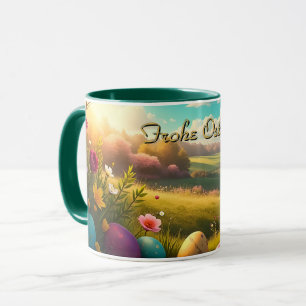 Caneca Feliz Páscoa em uma paisagem de primavera