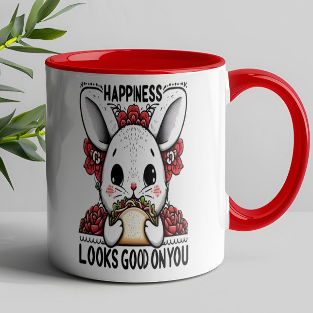 Caneca Feliz Rabbit a felicidade fica bem em você (Criador carregado)