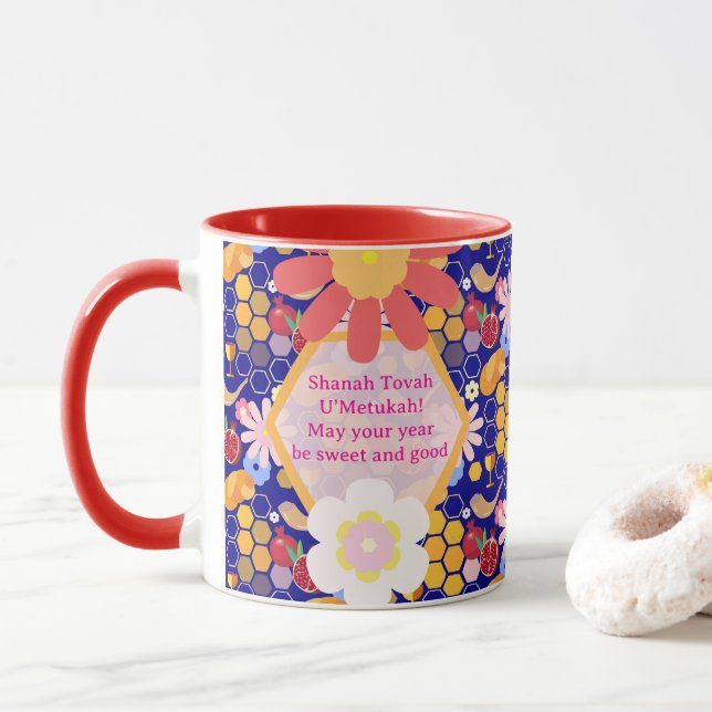 Caneca Feliz Rosh Hashanah Jewish Ano Novo Padrão Floral (Com Donut)