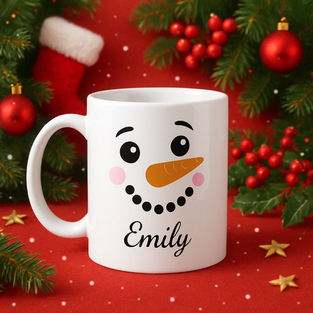Caneca Feliz Snowman Face Personalizado Nome Feriado (Criador carregado)