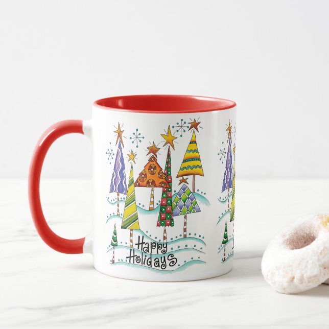 Caneca Felizes Festas! Árvores de Natal Fofo com Estrelas (Com Donut)