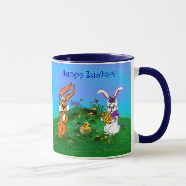 Caneca Felz pascoa! Coelho com coelho e Pintinho (Direita)