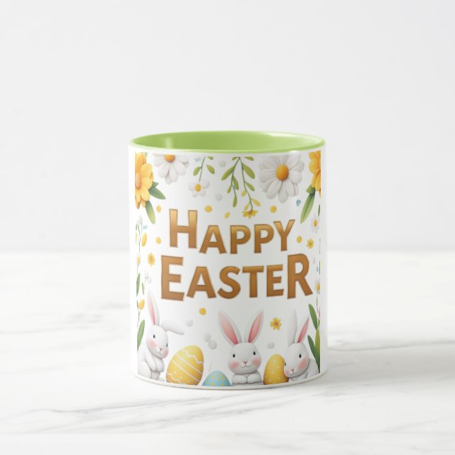 Caneca Felz pascoa ouro com coelhos brancos (Centro)