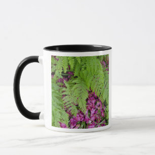 Caneca Fêmeas de floresta com pétalas de flor rosa no chã