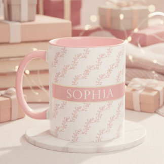 Caneca feminino Monograma Floral Rosa e Dourado Personali