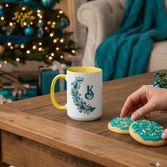 Caneca Feriado Amarelo Azul Monograma (Holiday monogram coffee mug)