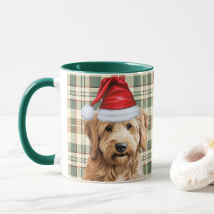 Caneca Feriado de Goldendoodle, Xadrez Verde Vermelha do