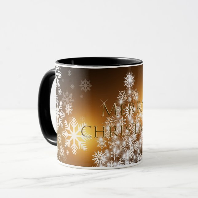 Caneca Feriado Dourado de Natal em Floco de Neve Branco (Frente Esquerda)