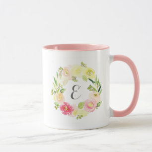 Caneca Ferida Floral Cor de Água Rosa e Amarela Monogr