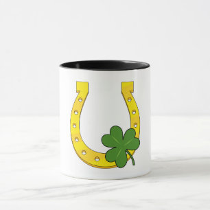 Caneca Ferradura de Ouro Sortudo com Shamrock em Branco