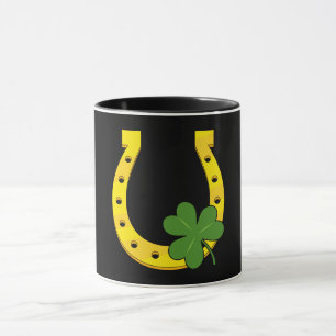 Caneca Ferradura de Ouro Sortudo com Shamrock em preto