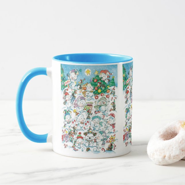 Caneca Festa de Natal de Urso Polar e Pinguim de Desenho  (Com Donut)