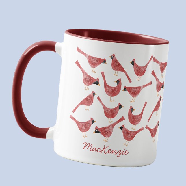 Caneca Festive Cardinal Bird Watercolor Personalized Name (Fun watercolor cardinal birds personalized name mug)