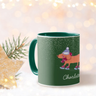 Caneca Festive Dachshund Dog Ice Skating Green Name Mug