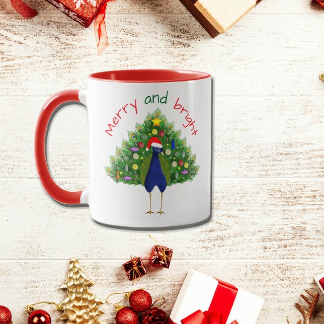 Caneca Festive Merry and Bright Christmas Tree Peacock (Criador carregado)
