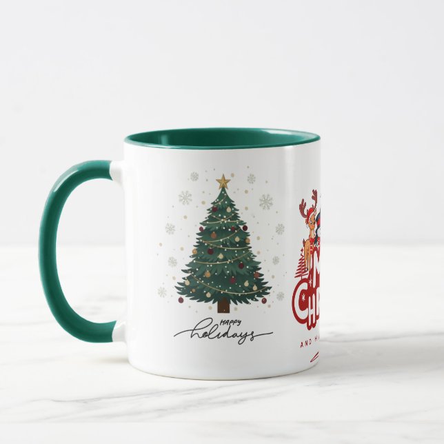 Caneca Festive Merry Christmas Holidays Tree Reindeer (Esquerda)