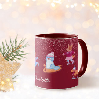 Caneca Festive Winter Cute Ice Skating  Dogs Red Name