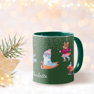 Caneca Festive Winter Iceskating Dogs Xmas Green Name Mug