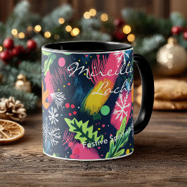 Caneca Festivo Personalizado com Cores Negros e Flocos de