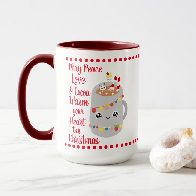 Caneca Festivo Red Kawaii Paz Amor Cacau Merry Xmas (Com Donut)
