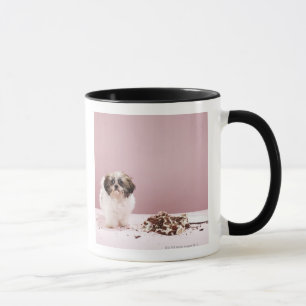 Caneca Filhote de cachorro com o bolo no assoalho