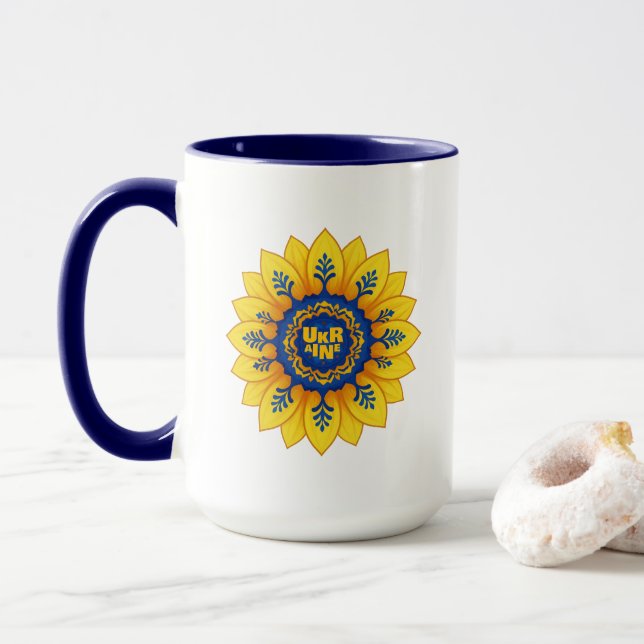 Caneca Fique com a bandeira do girassol azul amarelo da U (Com Donut)