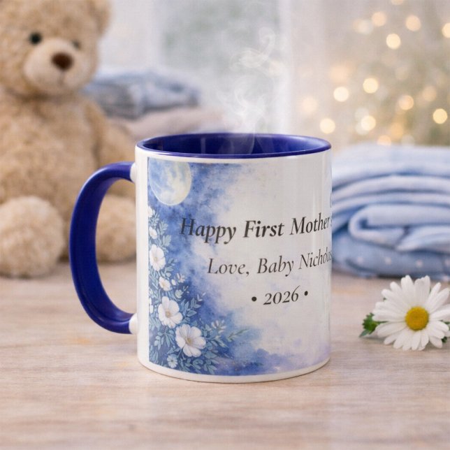 Caneca First Mother’s Day Moon Floral Blue Personalized (Criador carregado)