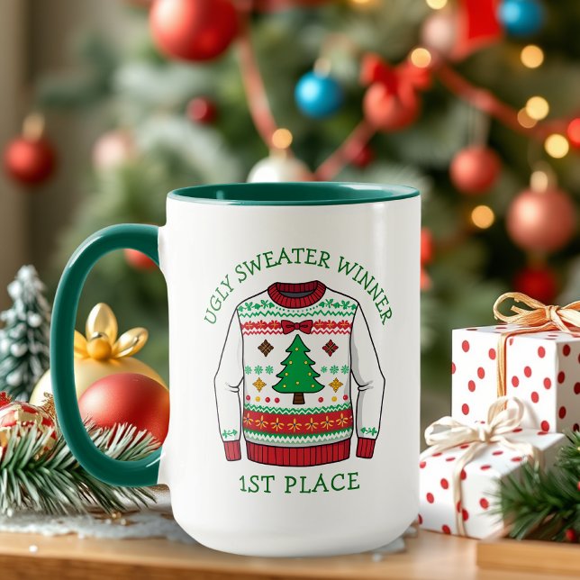 Caneca First Place Ugly Sweater Winner Christmas (Criador carregado)