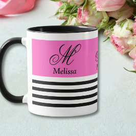 Caneca Fita Mínima Elegante Preta e Branca Rosa